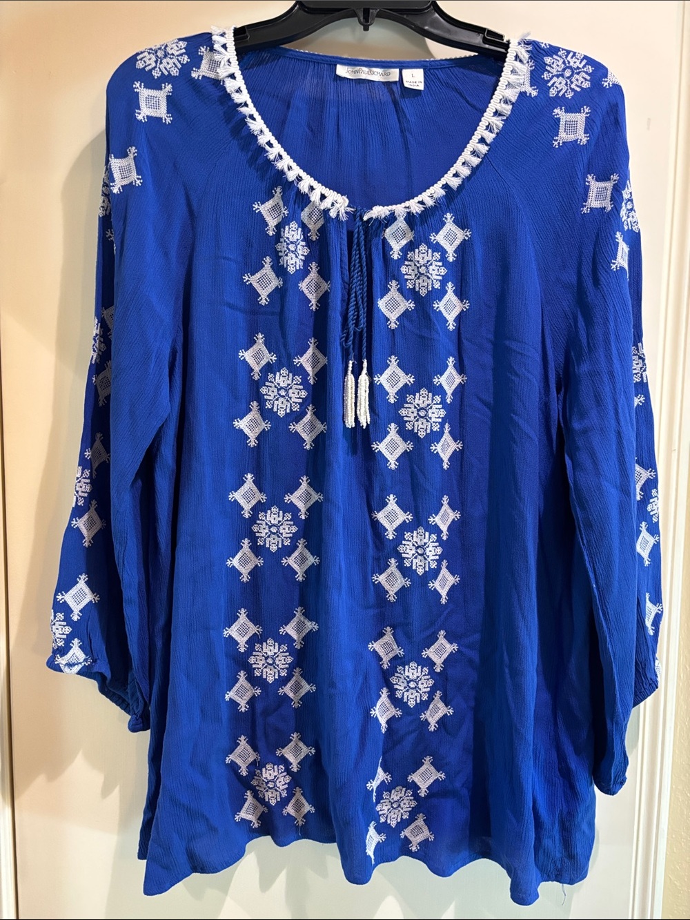 JohnPaulRichard Royal Blue Embroidered Peasant Tunic with White Accents